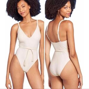 Shade & Shore Women's Braid Detail Extra High Leg One Piece Swimsuit small nwt